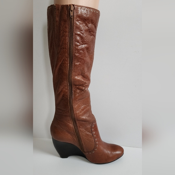 DIBA BOOTS COGNAC BROWN WEDGE HEEL KNEE HIGH ALMOND TOE BUCKLE LEATHER 7 - Picture 7 of 16